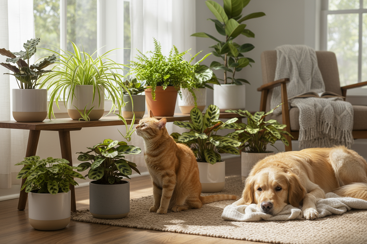 Pet friendly indoor plants on wooden bench with cat and dog in sunlit living room