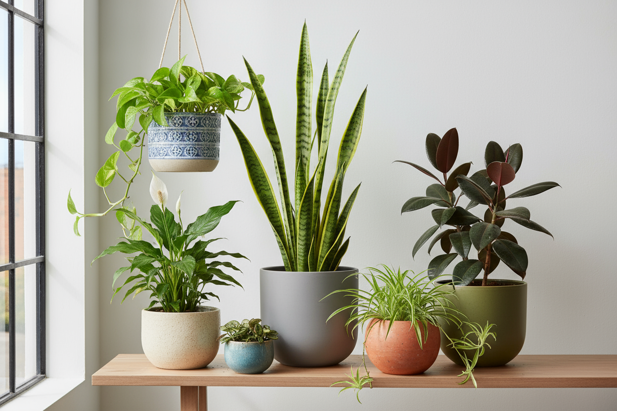 Air purifying houseplants collection with pothos, snake plant, and peace lily in ceramic pots