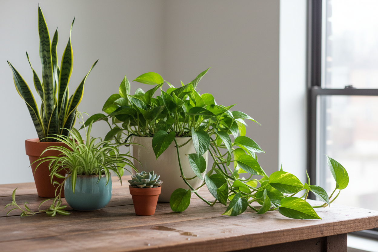 Beginner Friendly indoor plant collection with snake plant, spider plant, succulent, and pothos in ceramic pots