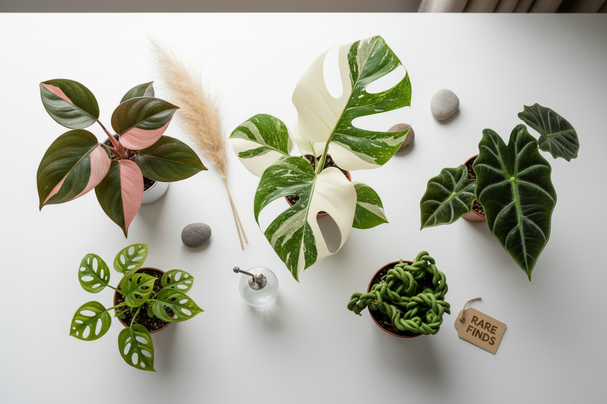 Rare plants collection flat lay with Monstera, variegated foliage, pampas grass, and terracotta pots