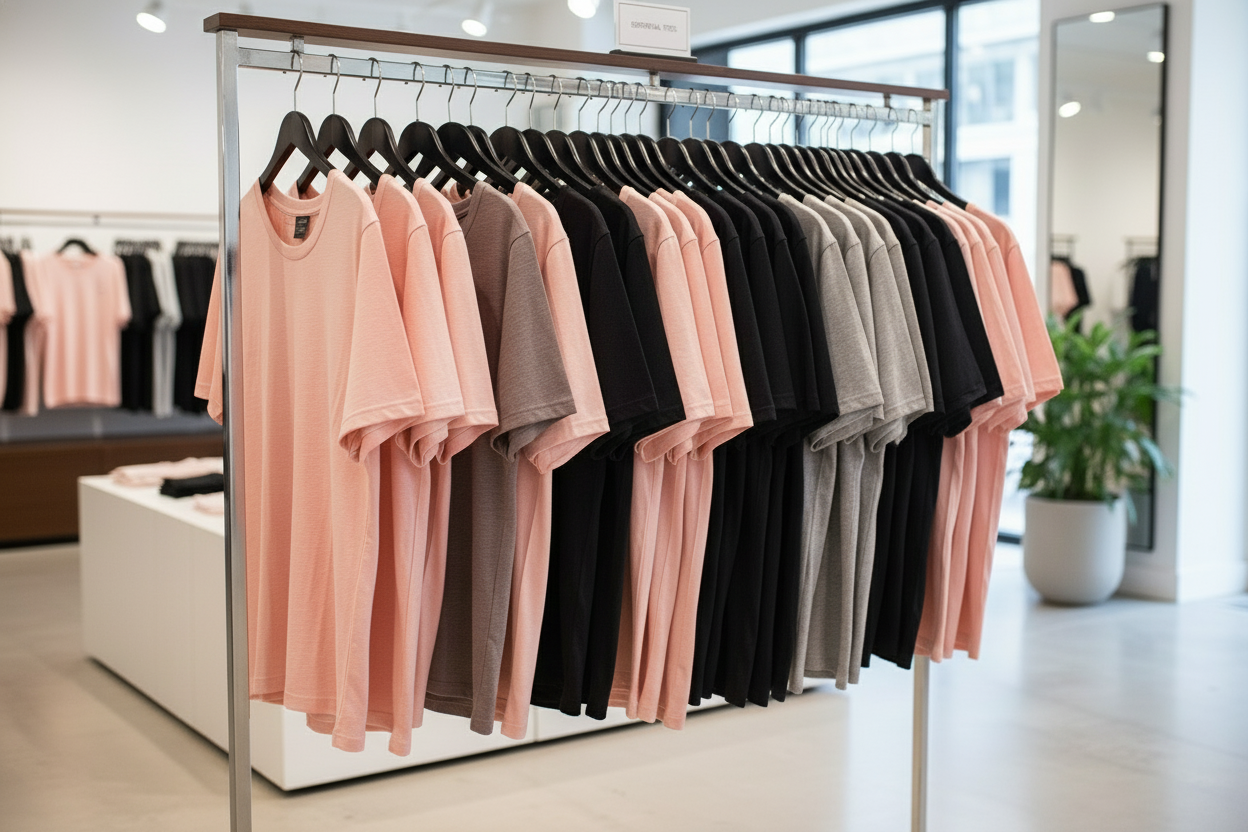 Colorful short-sleeve crewneck T-shirts on metal rack in minimalist retail store